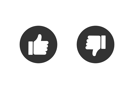 Thumbs up and down in black. Good and bad sign. Finger up and down in black circle. Yes and no sign. Isolated positive and negative symbol. Thumb up and down in flat design. EPS 10