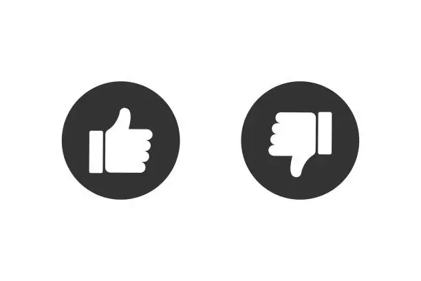 Vector illustration of Thumbs up and down in black. Good and bad sign. Finger up and down in black circle. Yes and no sign. Isolated positive and negative symbol. Thumb up and down in flat design. EPS 10.
