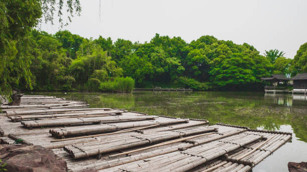 Bamboo raft in water in Lanting (Orchid Pavilion) scenic area in Shaoxing, China stock photo