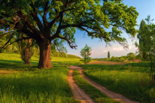 Landscape painting showing ancient oak and country road on sunny spring day.