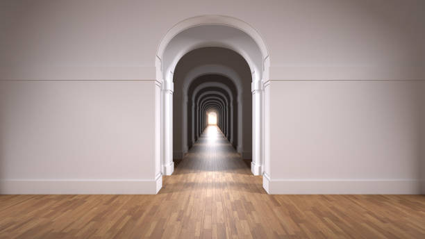 istock Empty white architectural interior with infinite arch doors, endless corridor of doorway, walkaway, labyrinth. Move forward, opportunities, business, future, concept with copy space 1278068784
