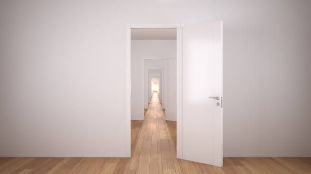 istock Empty white architectural interior with infinite open doors, endless corridor of doorway, walkaway, labyrinth. Move forward, opportunities, business, future, concept with copy space 1278068788