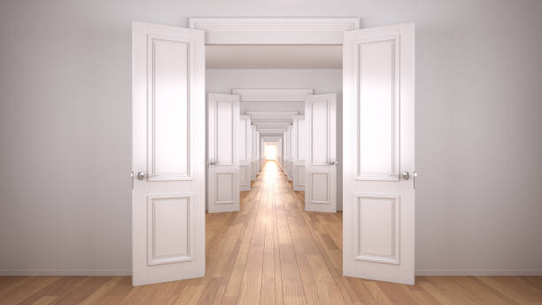istock Empty white architectural interior with infinite open doors, endless corridor of doorway, walkaway, labyrinth. Move forward, opportunities, business, future, concept with copy space 1278068805