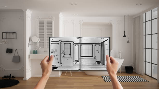 istock Hands holding notepad with creative bathroom design blueprint sketch or drawing. Real interior design project background. Before and after concept, architect designer work flow idea 1278068807