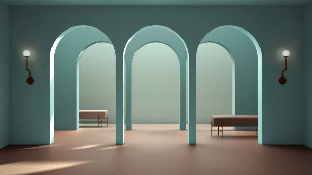 Classic eastern lobby, modern colored hall with stucco walls, interior design archways, empty space with ceramic tiles, bench, sofa, seat, blue background, arches with copy space