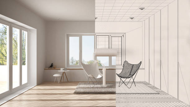istock Paint roller painting interior design blueprint sketch background while the space becomes real showing living room. Before and after concept, architect designer creative work flow 1278068855