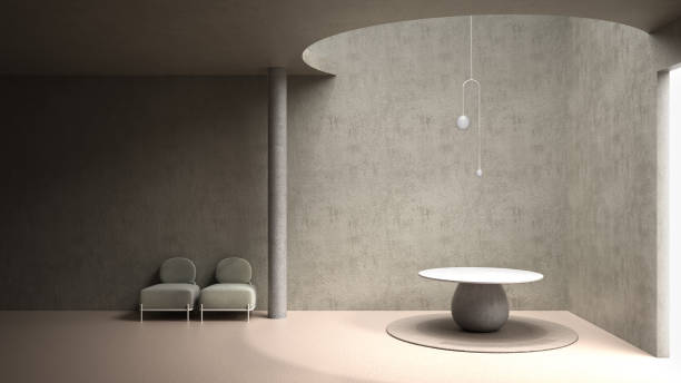 istock Classic metaphysics interior design, lobby, hall with marble floor, round table and pendant lamp, armchairs, living, empty space, stucco concrete walls, architecture concept project 1278068860