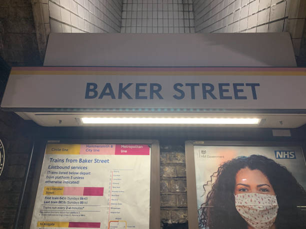 The London Underground station signage at Baker Street station, London. This is taken from the Hammersmith & City and Circle line platform.