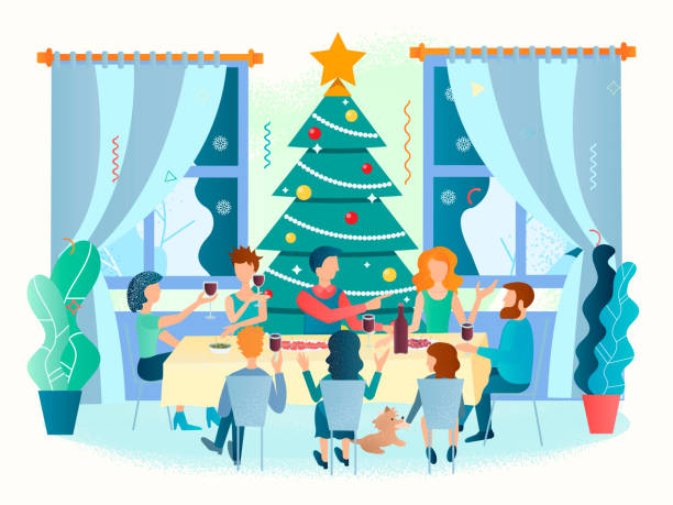 ilustrações de stock, clip art, desenhos animados e ícones de family new year and christmas gathering - dinner friends christmas