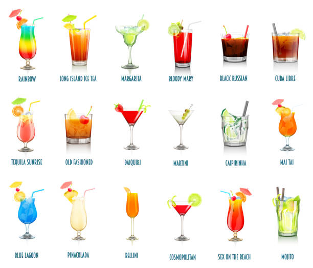 ilustrações, clipart, desenhos animados e ícones de conjunto de coquetéis de ilustração vetorial realista - cocktail glass empty nobody