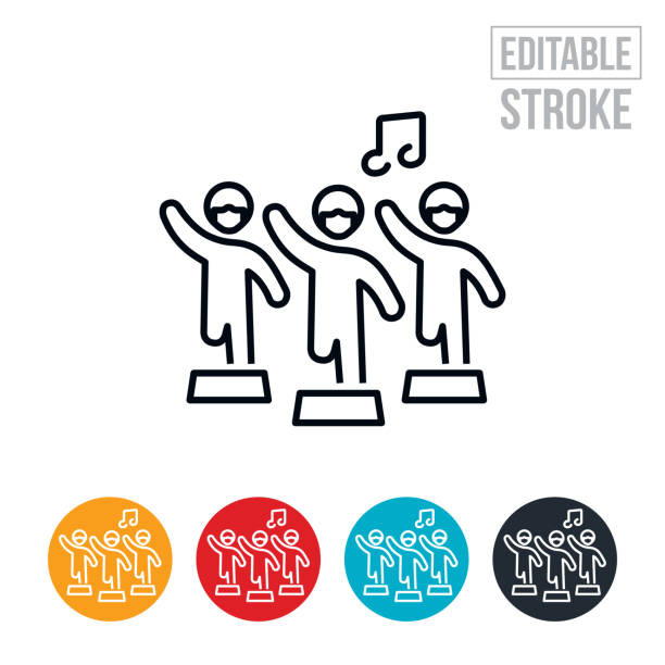 People In Aerobics Class And Wearing Face Masks Thin Line Icon - Editable Stroke An icon of people doing aerobic exercise in an aerobics class. Each of the class members are wearing face masks. The icon includes editable strokes or outlines using the EPS vector file. exercise class icon stock illustrations