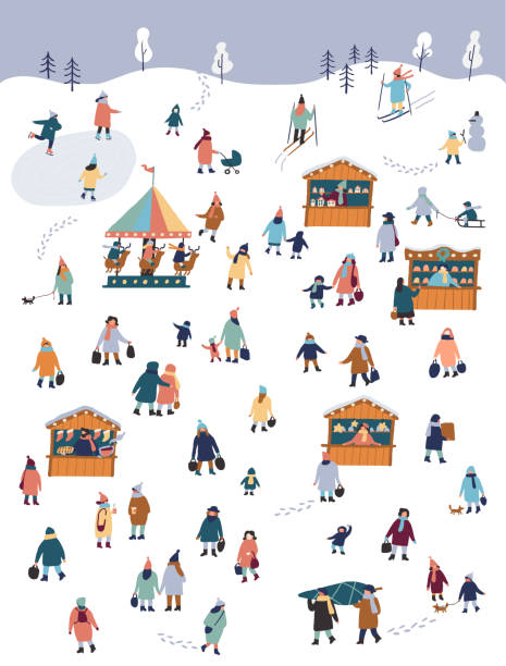 illustrazioni stock, clip art, cartoni animati e icone di tendenza di persone invernali attività all'aperto. - snow festival