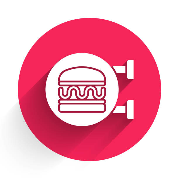 illustrazioni stock, clip art, cartoni animati e icone di tendenza di white online ordine e burger delivery icona isolata con ombra lunga. pulsante cerchio rosso. vettore - white food and drink industry hamburger cheeseburger