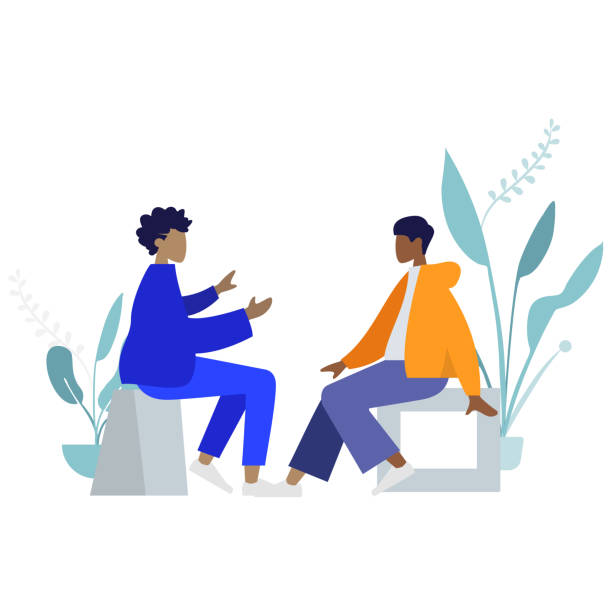 두 사람, 남자와 여자, 앉아서 서로 이야기, 흰색 배경에 다채로운 인간의 삽화 - 듣기 stock illustrations