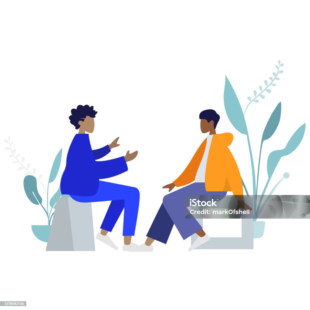 Two people, a man and a woman, are sitting and talking to each other, colorful human illustrations on white background Two people, a man and a woman, are sitting and talking to each other, colorful human illustrations on white background, human illustration Discussion stock vector