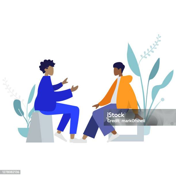 Two People A Man And A Woman Are Sitting And Talking To Each Other Colorful Human Illustrations On White Background Stock Illustration - Download Image Now