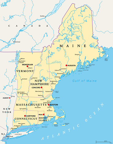 New England region of the United States of America, political map. Maine, Vermont, New Hampshire, Massachusetts, Rhode Island and Connecticut with their Capitals and borders. Illustration. Vector.