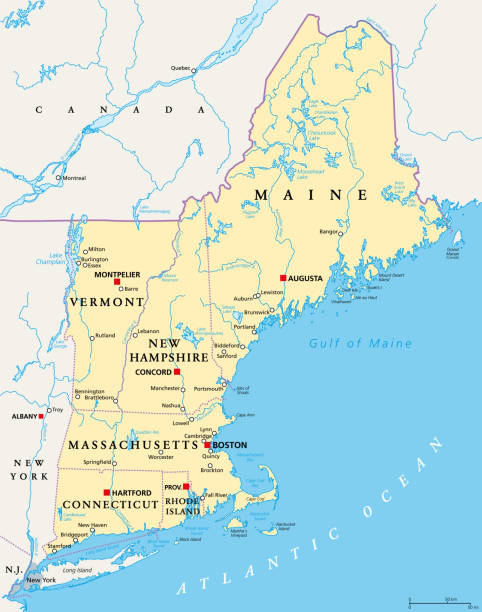 New England region of the United States of America, political map New England region of the United States of America, political map. Maine, Vermont, New Hampshire, Massachusetts, Rhode Island and Connecticut with their Capitals and borders. Illustration. Vector. new england usa stock illustrations