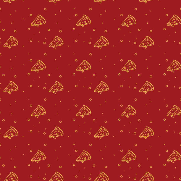 illustrazioni stock, clip art, cartoni animati e icone di tendenza di motivo pizza giallo chiaro su sfondo rosso per pizzeria ristorante - pizza margherita