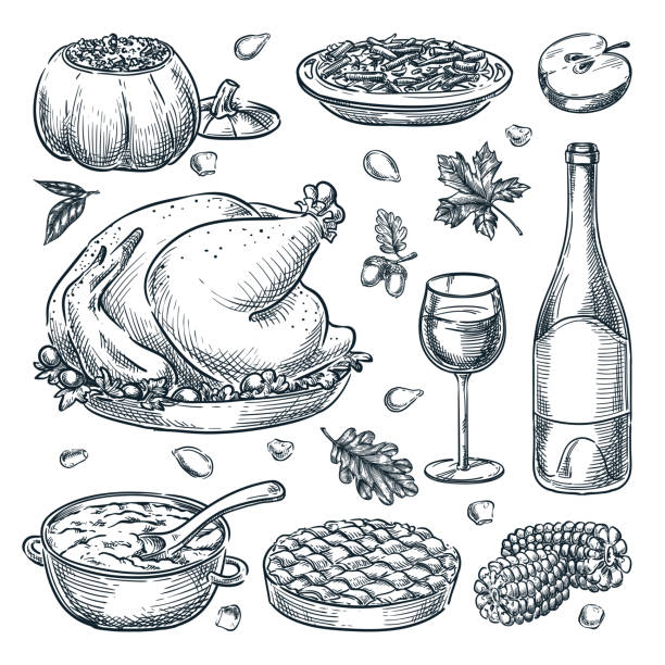Thanksgiving holiday menu design elements. Vector hand drawn sketch illustration. Traditional holiday home made meal Thanksgiving holiday menu design elements, isolated on white background. Vector hand drawn sketch illustration. Traditional holiday home made meal. Roasted turkey, pie, green beans and stuffed pumpkin thanksgiving holiday drawings stock illustrations