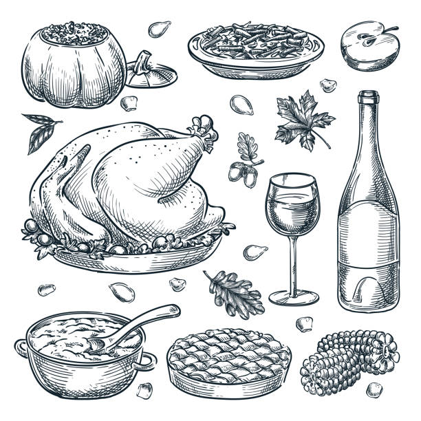 Thanksgiving holiday menu design elements. Vector hand drawn sketch illustration. Traditional holiday home made meal Thanksgiving holiday menu design elements, isolated on white background. Vector hand drawn sketch illustration. Traditional holiday home made meal. Roasted turkey, pie, green beans and stuffed pumpkin cartoon of bird with glasses stock illustrations