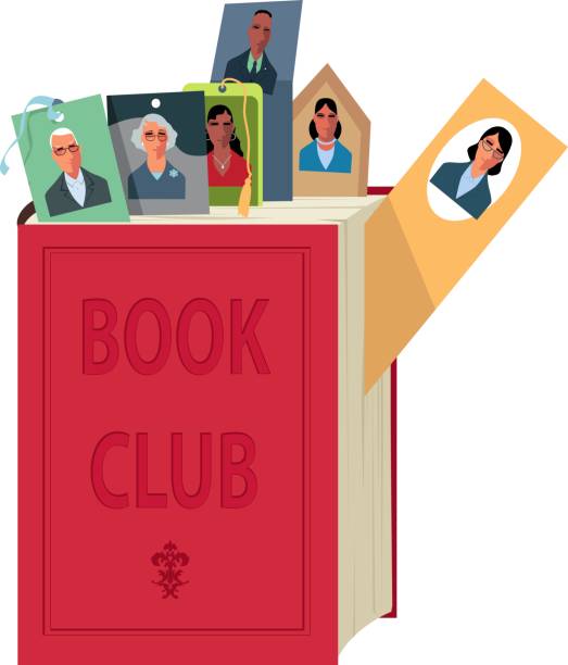 Book club emblem A book with bookmarks with faces of members of a book club, EPS 8 vector illustration book club stock illustrations