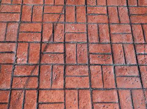 Rectangle bricks in square pattern. Point of view when walking on sidewalk.