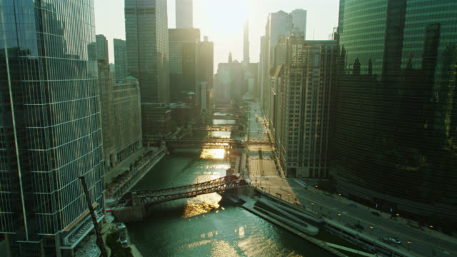 River Confluence in Downtown Chicago at Sunrise - Drone Shot