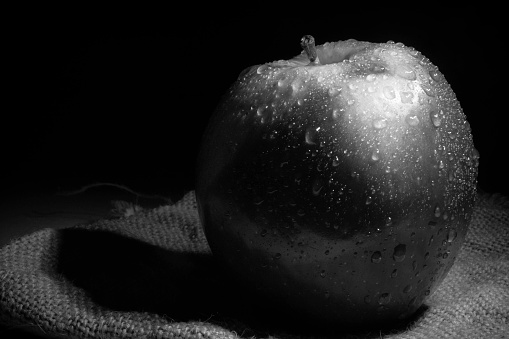 wet apple in black and white with light painting