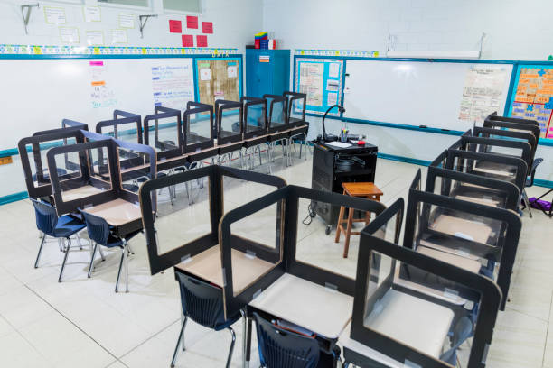 Elementary school classroom set up for covid-19 pandemic An empty elementary school classroom, set up to protect the teacher and students during the covid-19 pandemic. The teacher will teach from the middle of the room, surrounded by desks which have acrylic partitions to separate the children from each other and from the teacher. classroom empty education desk stock pictures, royalty-free photos & images