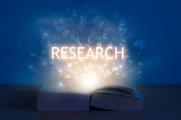 istock Research, education concept. Light coming from open book with word research. 1278095237