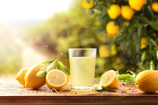 Freshly squeezed juice on a wooden table full of lemons with lemon trees in the background and a ray of sunlight. Front view. Horizontal composition.