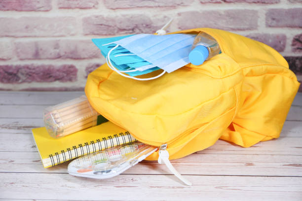 istock Student school bag pack with sanitizer, a face mask. 1278096836