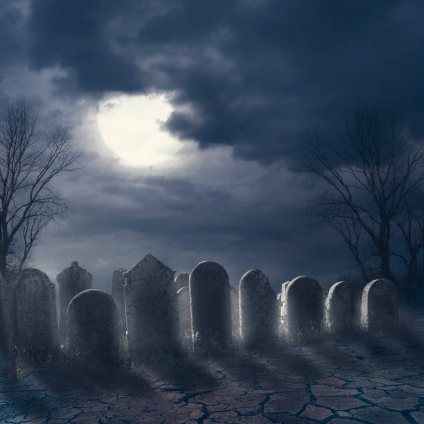 istock Halloween background. Horror graveyard at night with evil moon. 1278096978