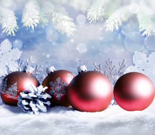 istock Christmas balls, snowflake and pine branch on winter background. 1278107144
