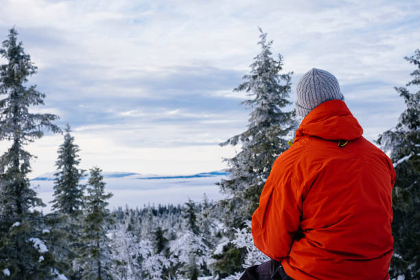 Young man enjoying the landscape view alone in nature