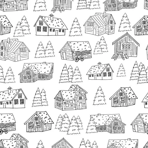 Vector illustration of Black-white set of houses and christmas trees for coloring book or card seamless pattern