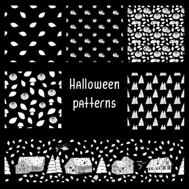 Vector illustration of Set of white autumn Halloween patterns with houses, trees, pumpkins, spiders, web, leaves, mushrooms on black backgroung for coloring book
