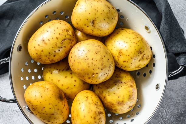 istock Organic yellow potatoes in a colander. Gray background. Top view 1278118919