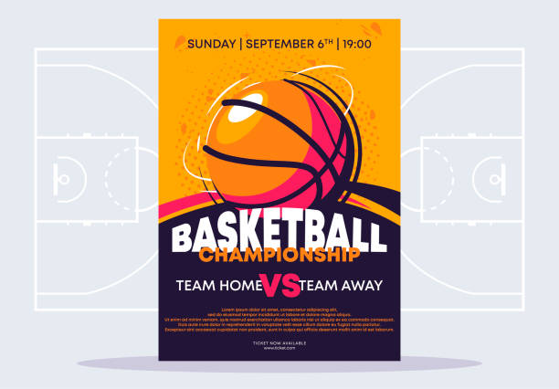 ilustrações de stock, clip art, desenhos animados e ícones de vector illustration of a poster template for a basketball tournament, an image of a basketball on a poster - basketball