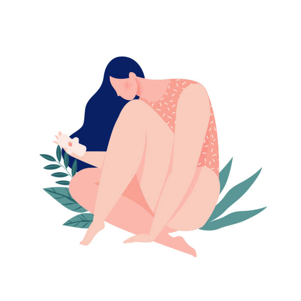 A girl bleeding hugging her leg with a pad in the menstrual period on background of leaves and plants. Eco protection for woman in critical days. Vector illustration. A girl bleeding hugging her leg with a pad in the menstrual period on background of leaves and plants. Eco protection for woman in critical days. Vector illustration women private part stock illustrations