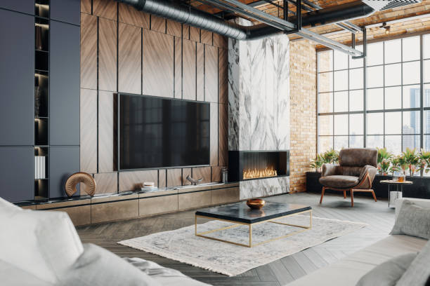 ラグジュアリー ロフト リビングルーム インテリア - loft apartment house contemporary indoors ストックフォトと画像