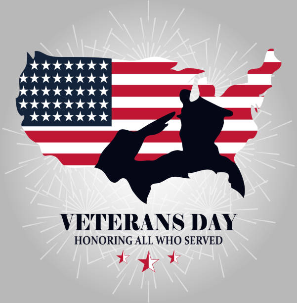 istock happy veterans day, silhouette soldier on map with american flag 1278124568