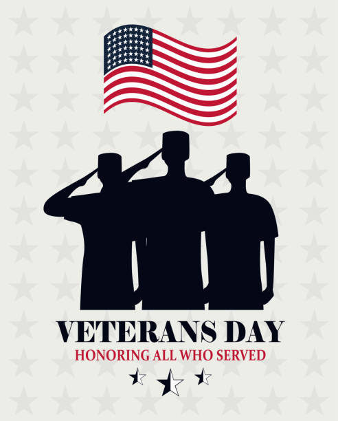 istock happy veterans day, waving US flag and soldiers saluting card 1278124925