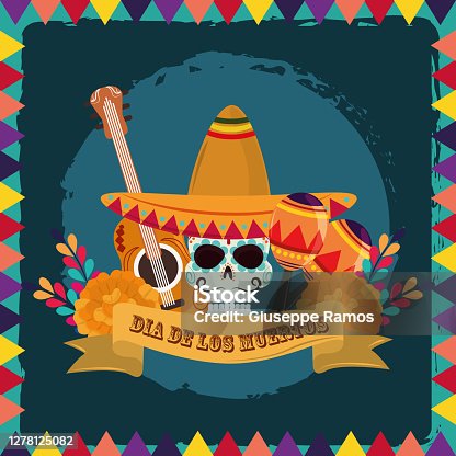 istock day of the dead, sugar skull with hat guitar maracas and flowers, mexican celebration 1278125082