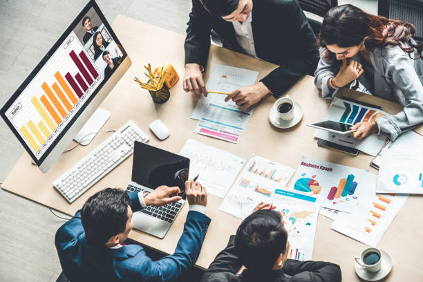 istock Video call group business people meeting on virtual workplace or remote office 1278125141