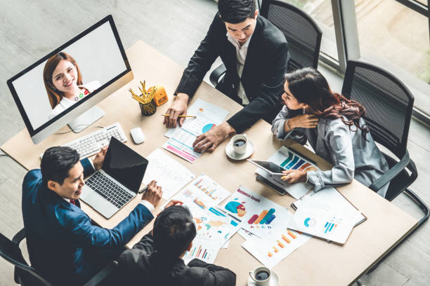 istock Video call group business people meeting on virtual workplace or remote office 1278126229