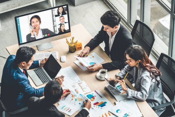 istock Video call group business people meeting on virtual workplace or remote office 1278126380