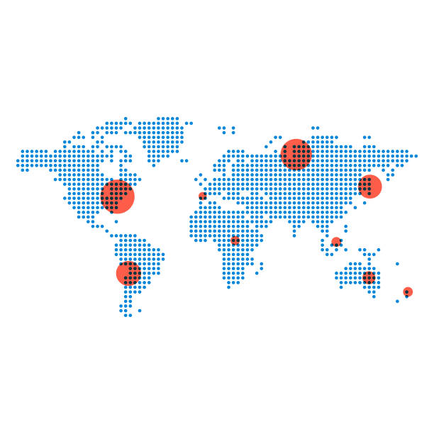 World map dots and red spots Vector illustration of a dotted world map with red spots. Cut out design element for the media, news blogs, politics and government, travel and transportation, covid-19 pandemic, ideas and concepts and design projects in general. epidemic stock illustrations