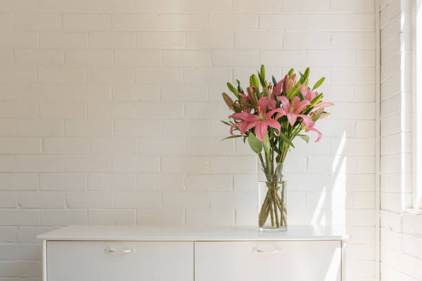 lys roses dans le vase de verre sur le buffet blanc contre le mur - lily lily family temperate flower asiatic lily photos et images de collection